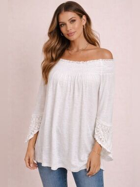 INC Beachwear Linen Beaded White Off Shoulder Top size M